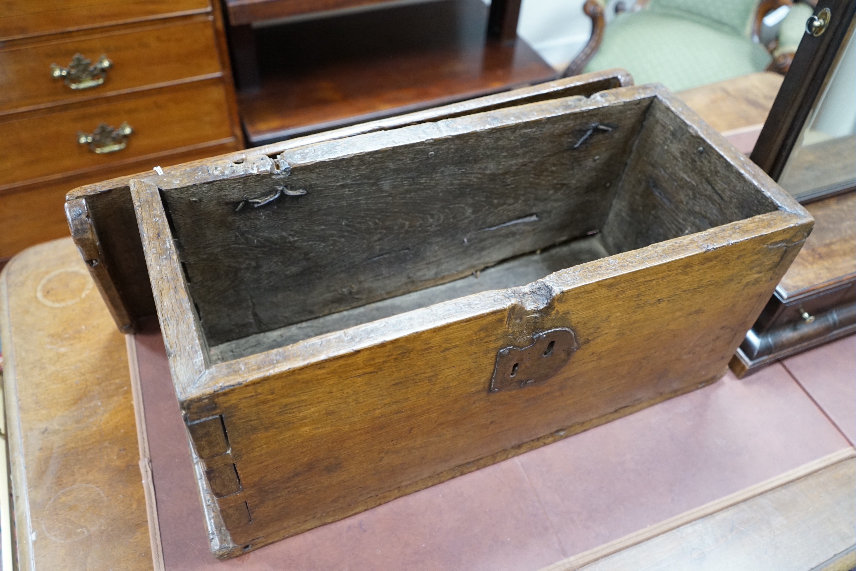 An 18th century boarded oak box, length 66cm, depth 29cm, height 32m